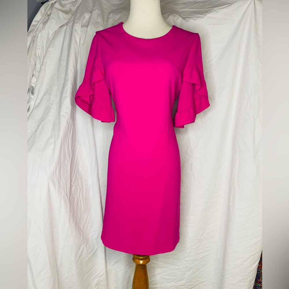 Charles Henry Hot Pink Ruffle Sleeve Midi Dress